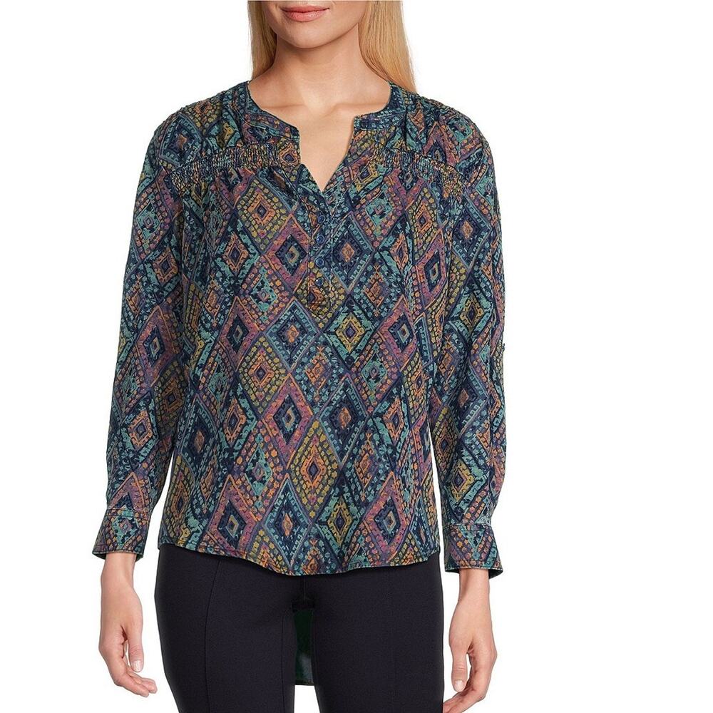 Intro Lyocell Slub Geo Multi Print Y-Neck Long Roll-Tab Sleeve Blouse 1X